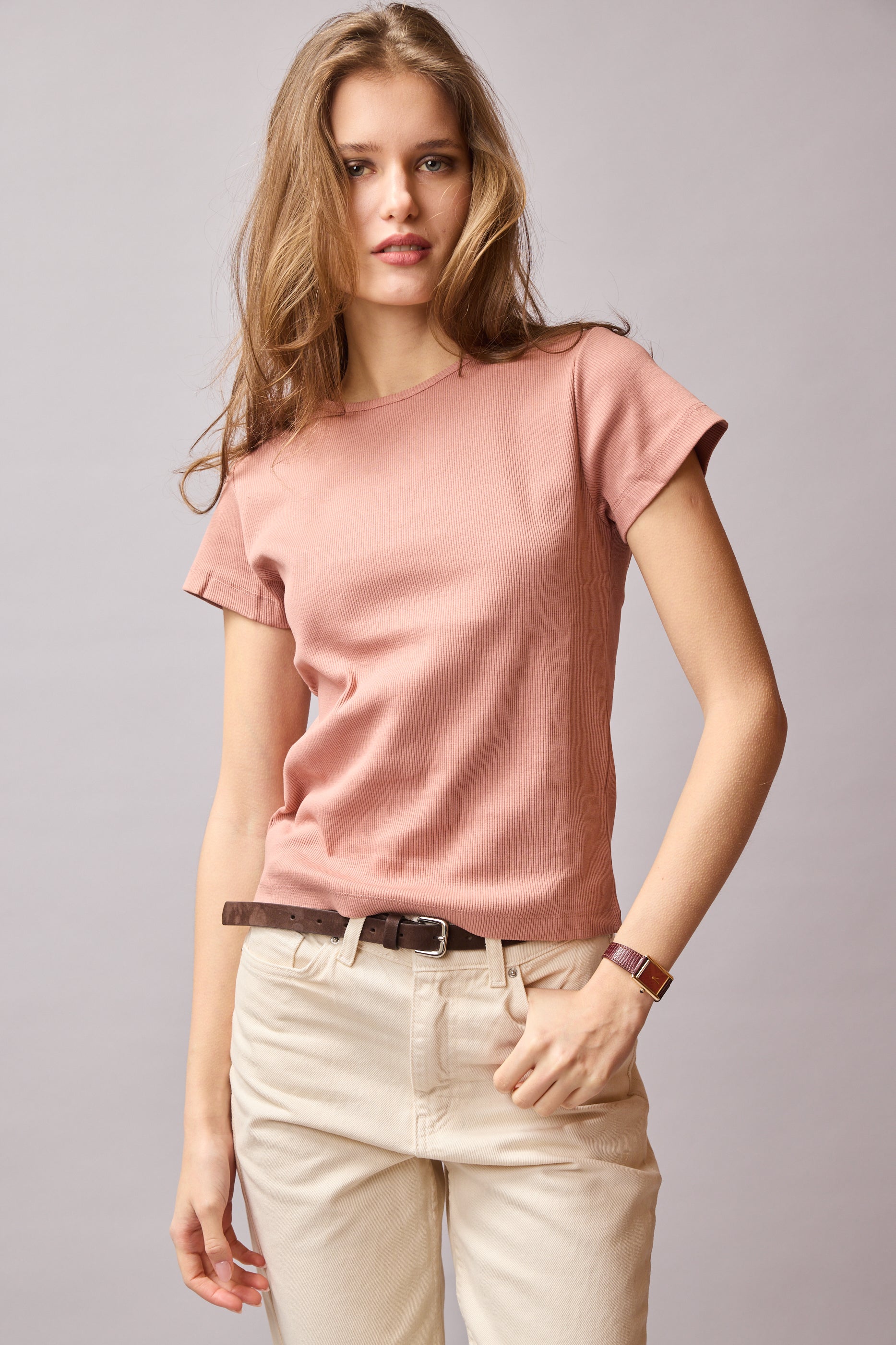 FİTİLLİ KISA KOLLU PAMUK T-SHIRT ROSE