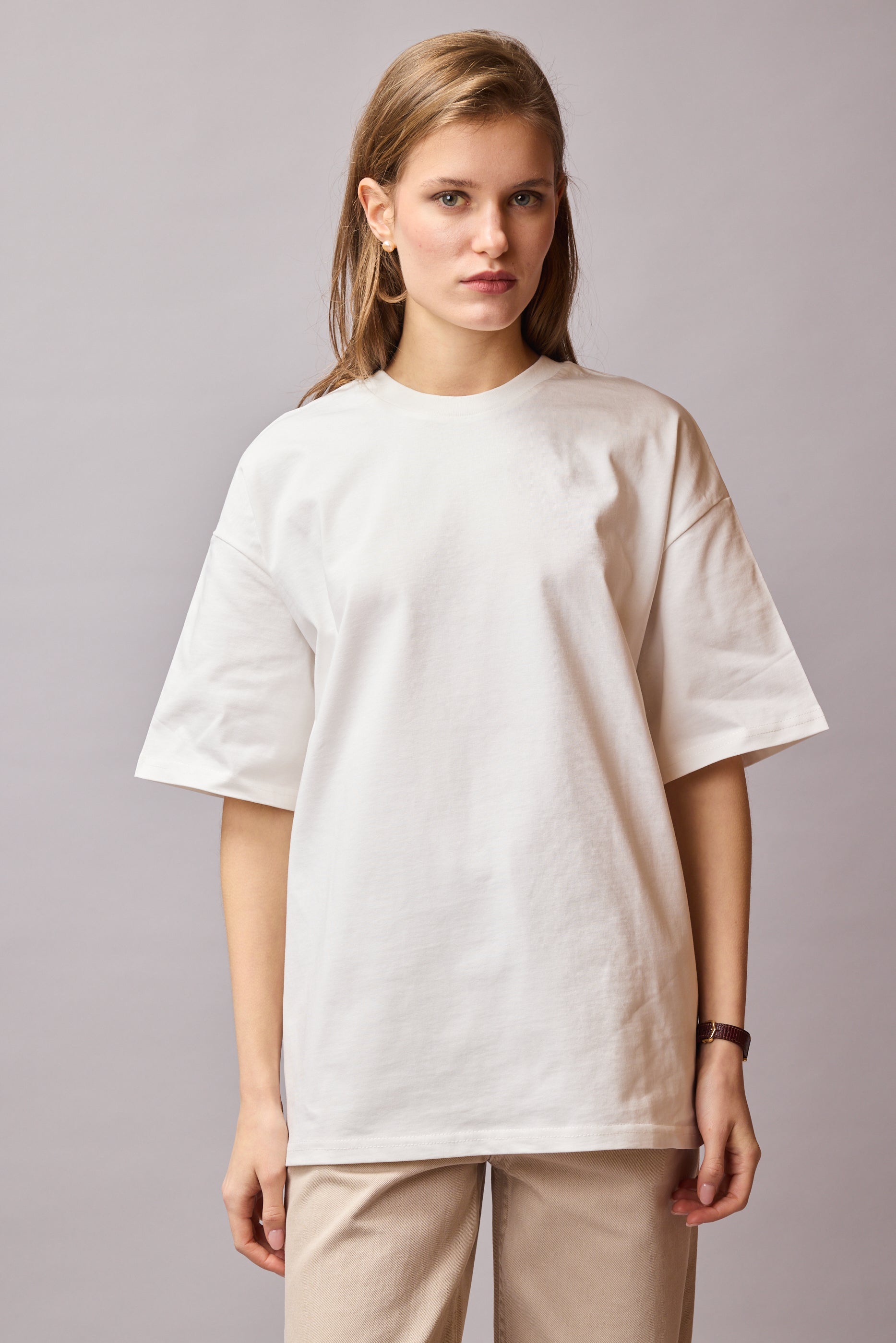 OVERSIZE KISA KOLLU PAMUK T-SHIRT VANILLA