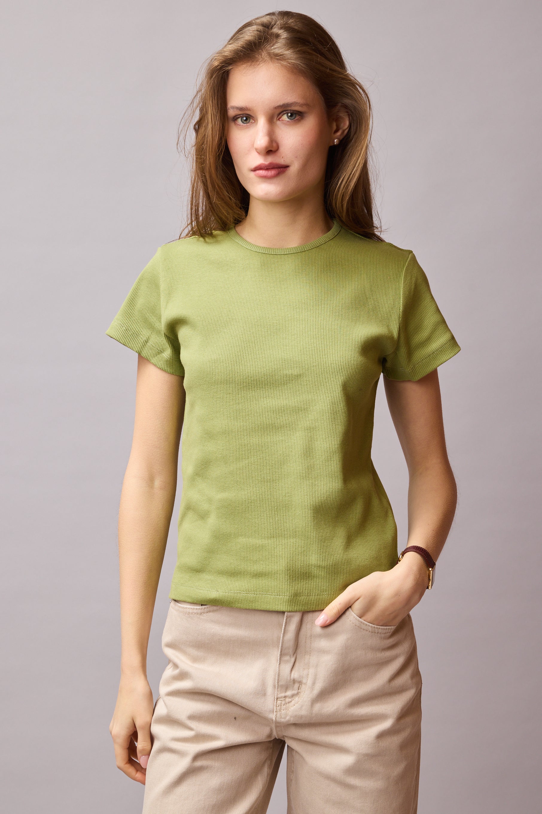 FİTİLLİ KISA KOLLU PAMUK T-SHIRT OLIVE