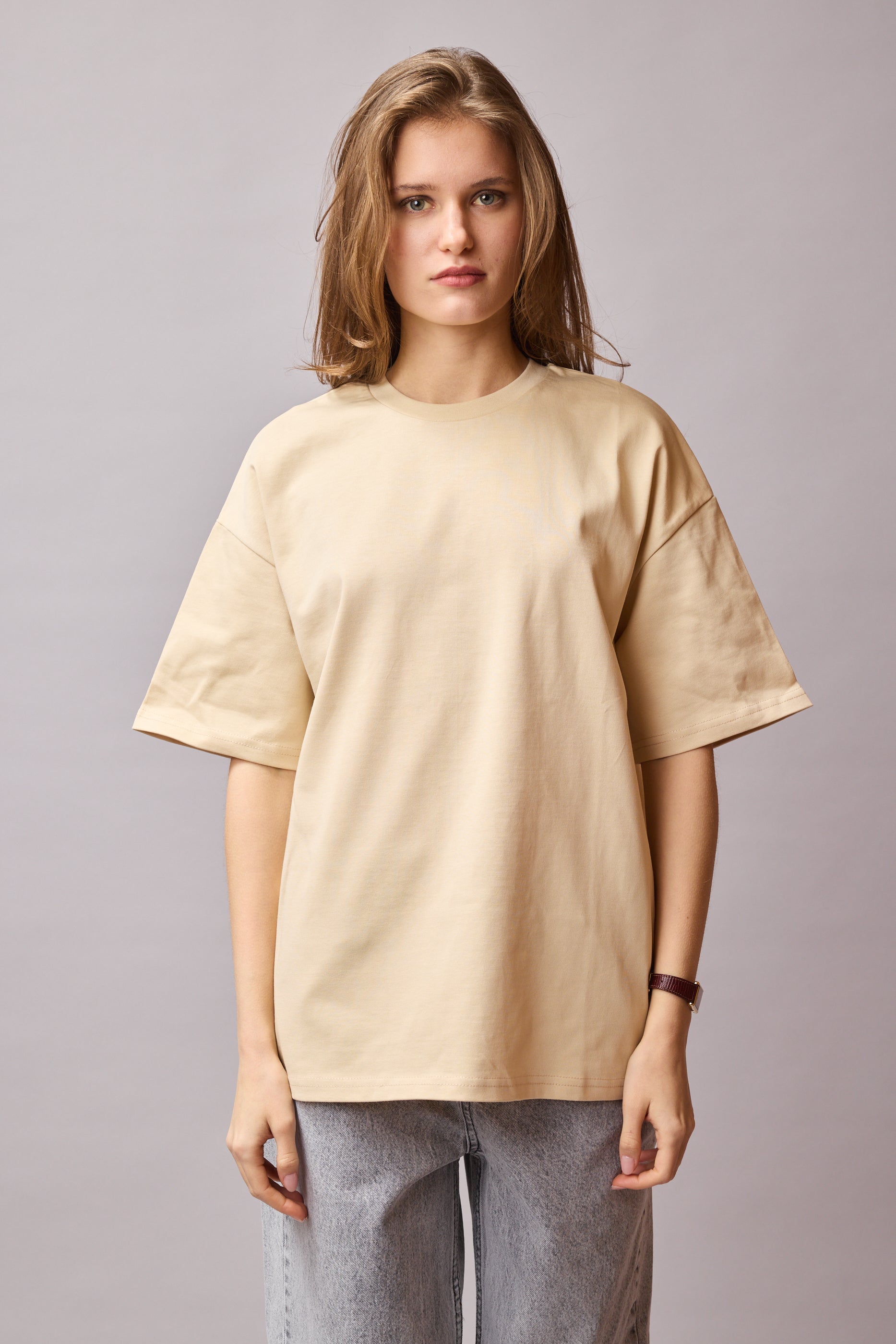 OVERSIZE KISA KOLLU PAMUK T-SHIRT BEIGE