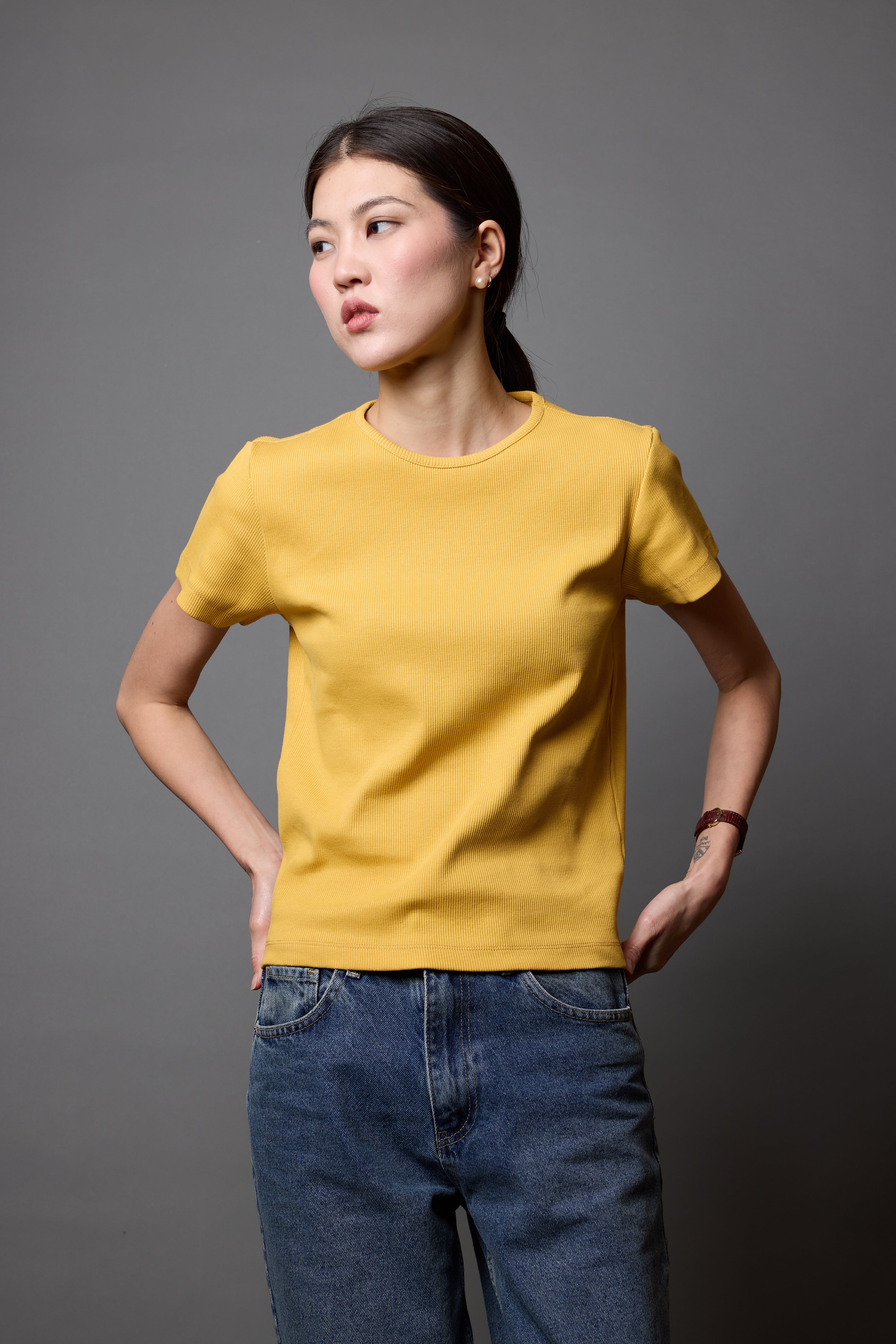 FİTİLLİ KISA KOLLU PAMUK T-SHIRT YELLOW