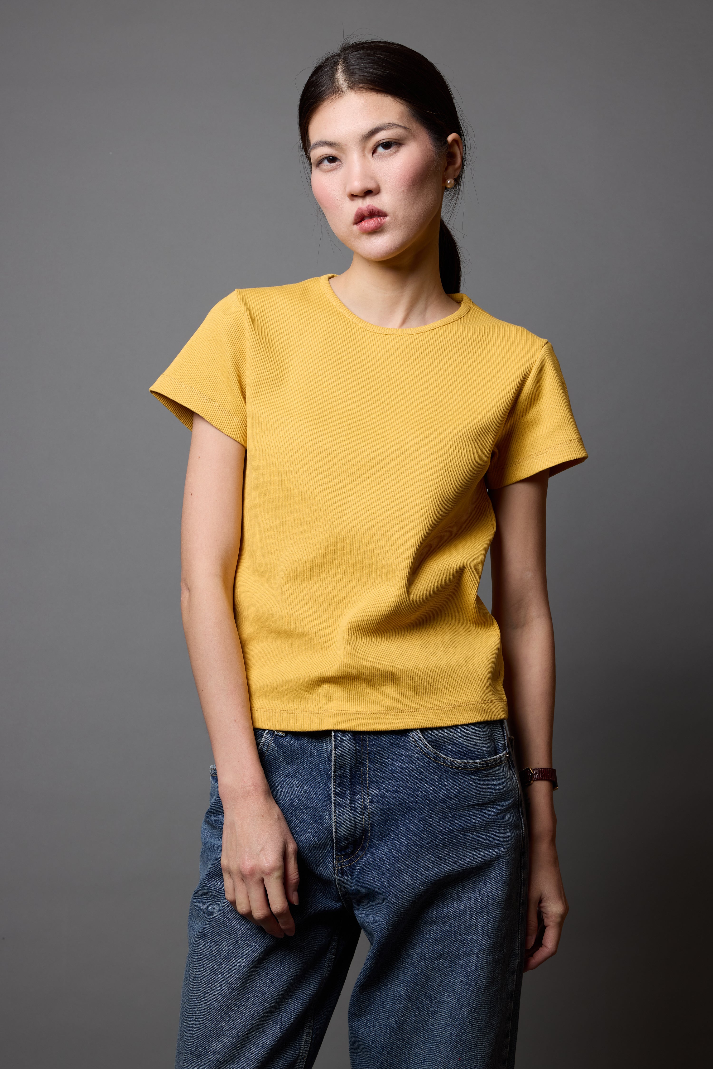 FİTİLLİ KISA KOLLU PAMUK T-SHIRT YELLOW