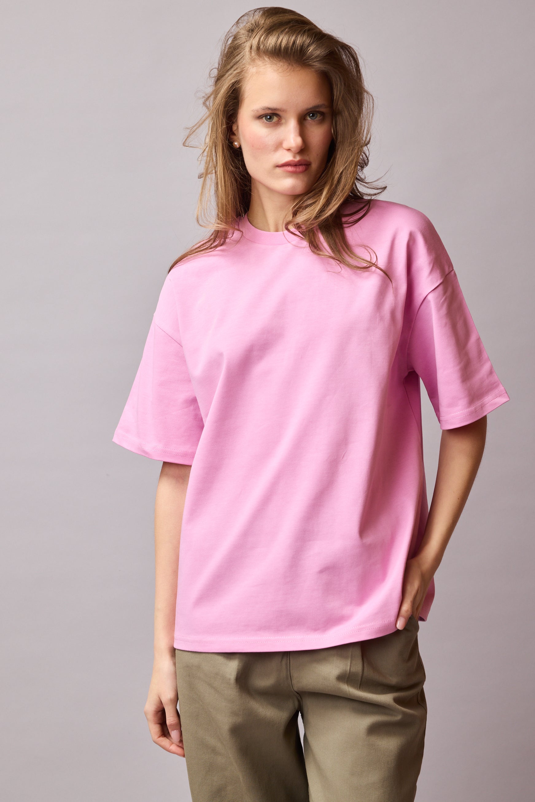 OVERSIZE KISA KOLLU PAMUK T-SHIRT PINK