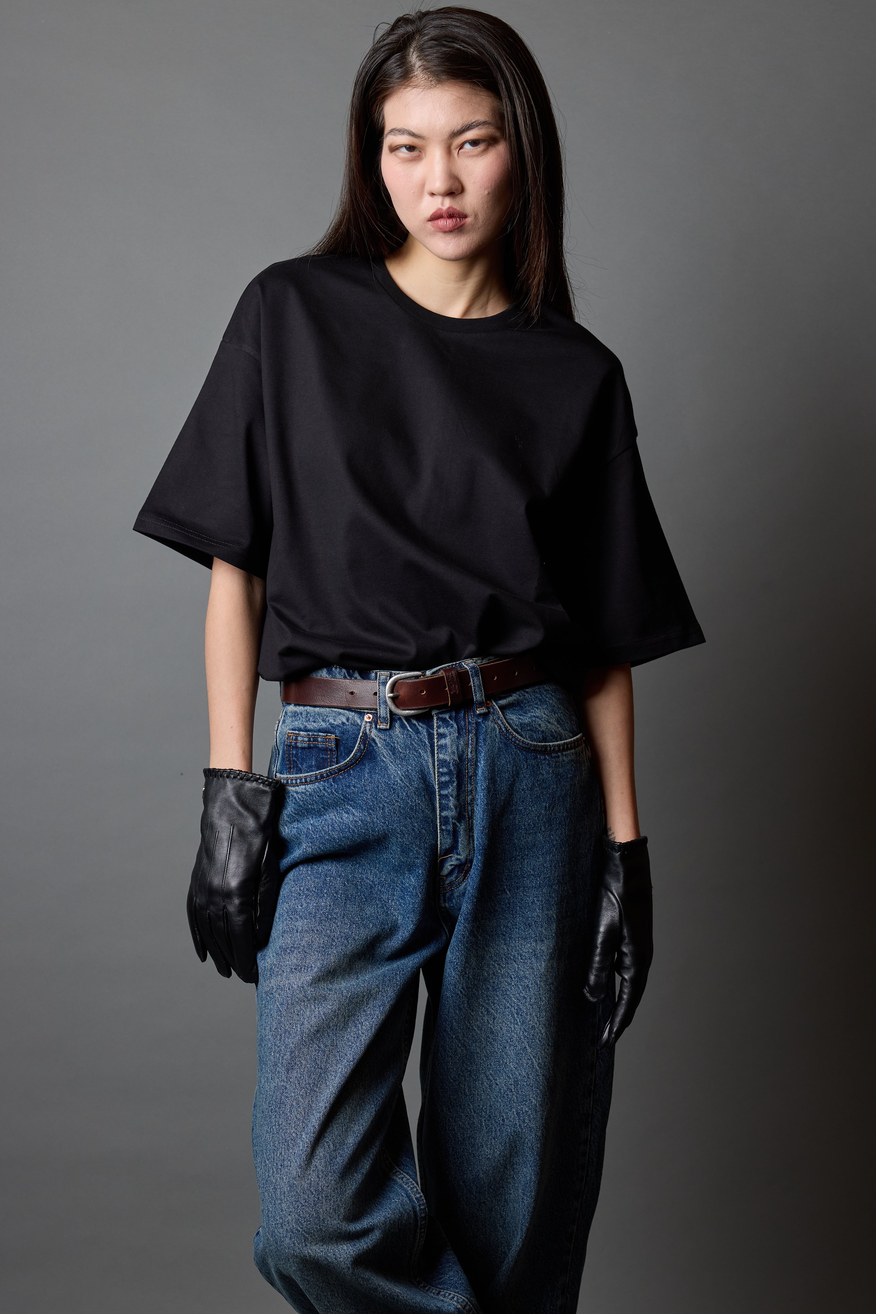 OVERSIZE KISA KOLLU PAMUK T-SHIRT SİYAH