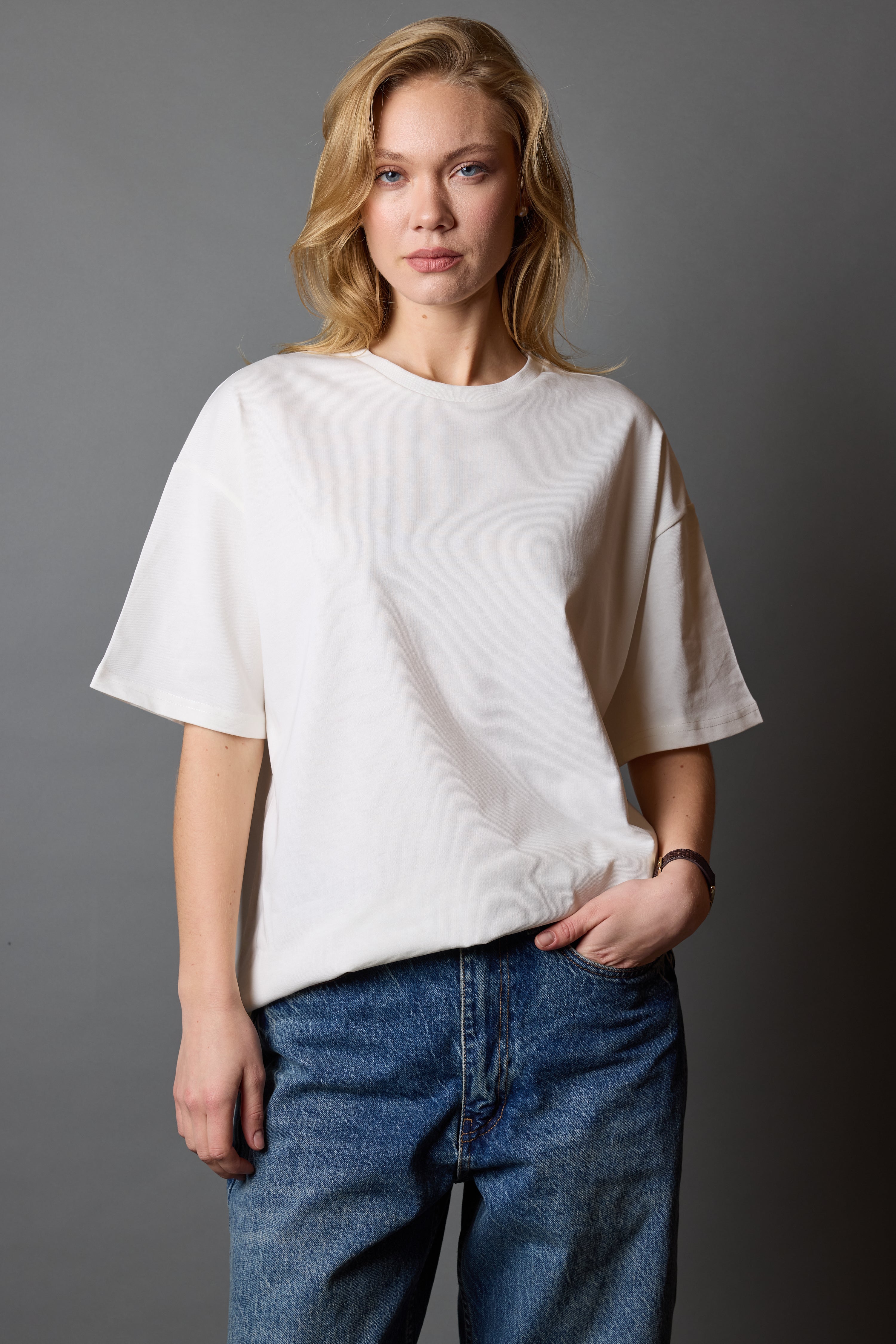 OVERSIZE KISA KOLLU PAMUK T-SHIRT VANILLA