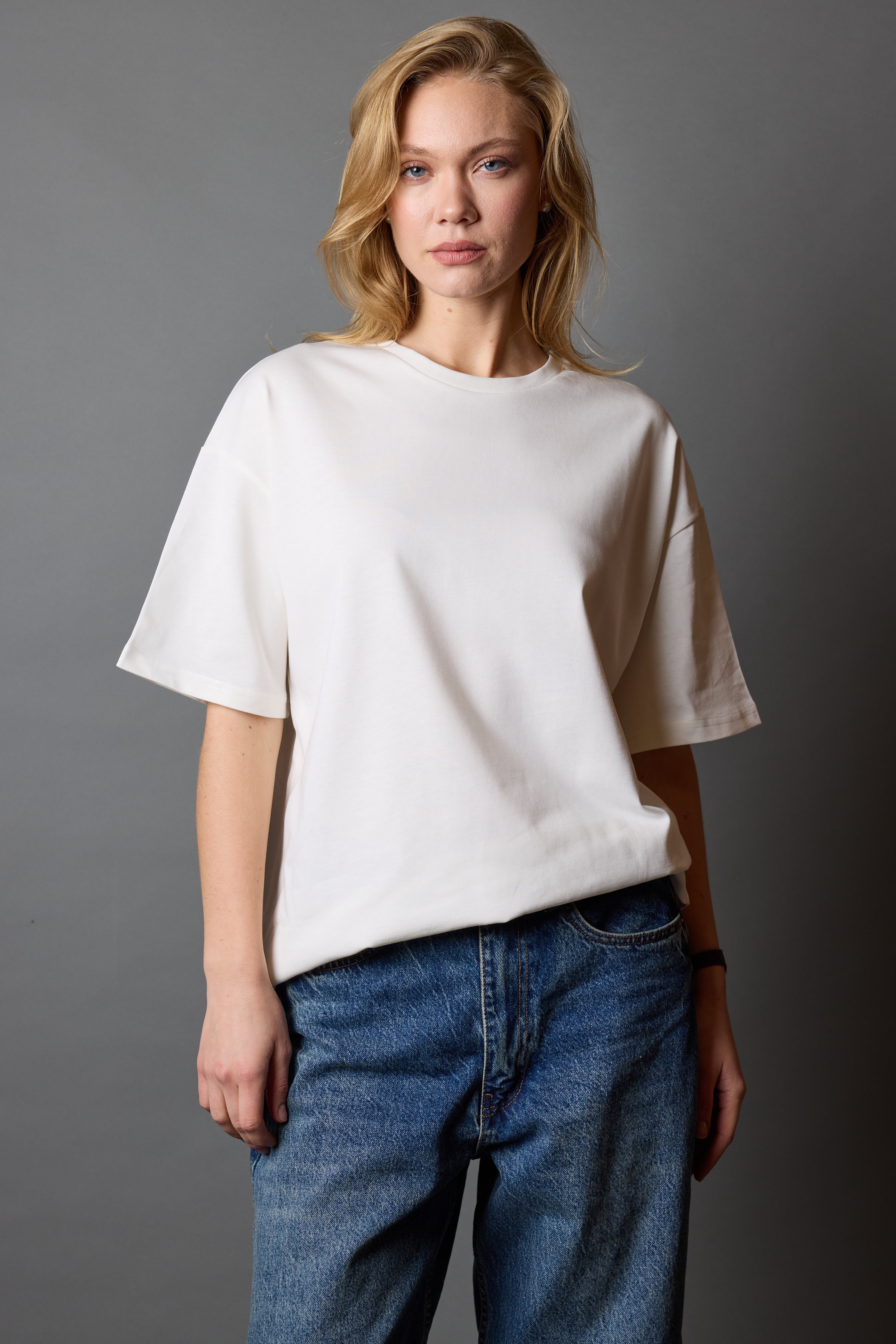 OVERSIZE KISA KOLLU PAMUK T-SHIRT VANILLA