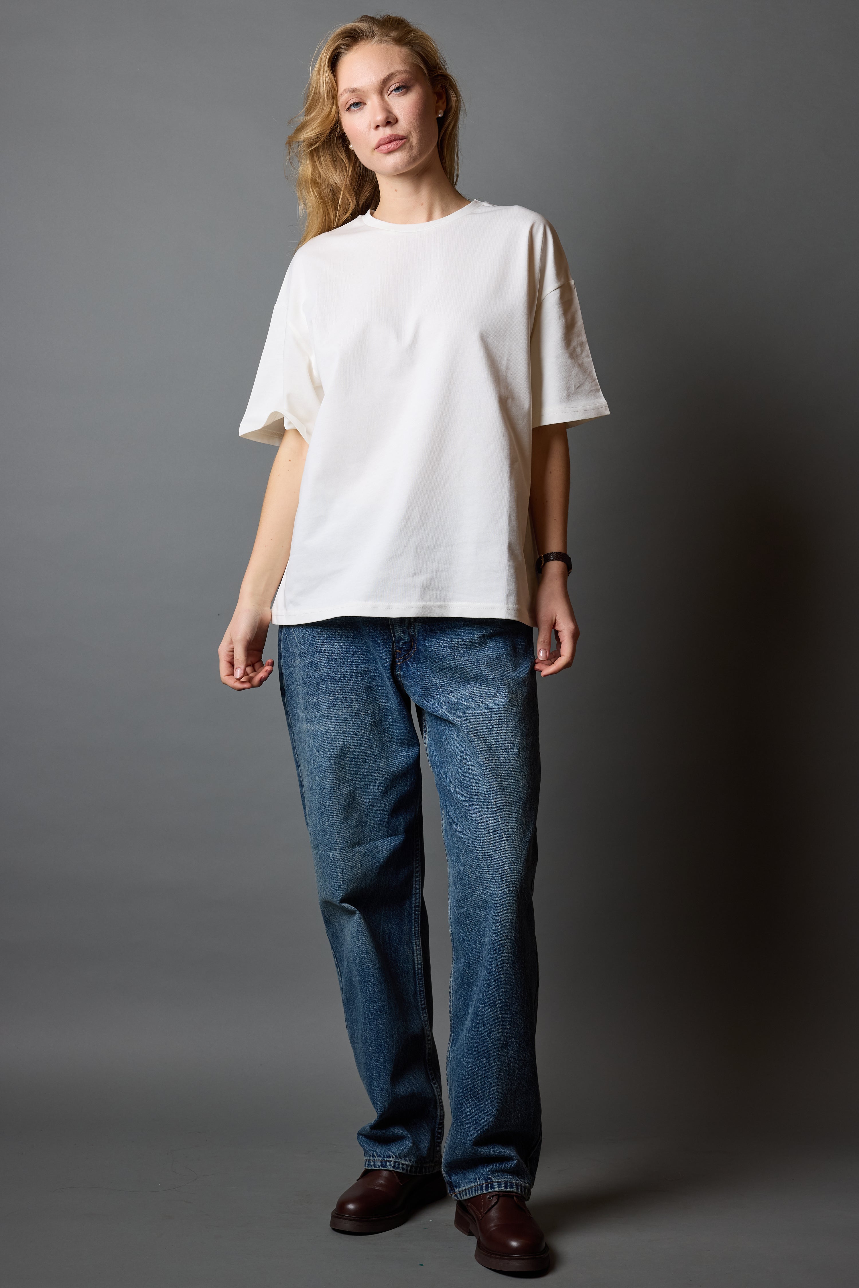 OVERSIZE KISA KOLLU PAMUK T-SHIRT VANILLA