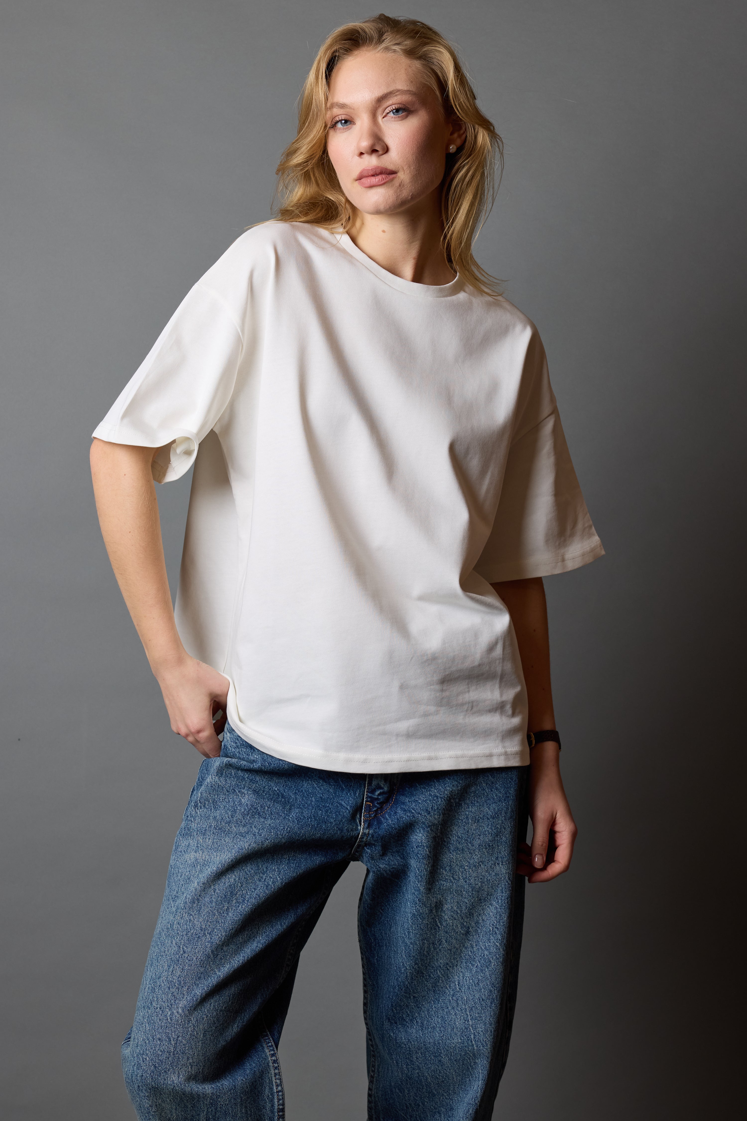 OVERSIZE KISA KOLLU PAMUK T-SHIRT VANILLA