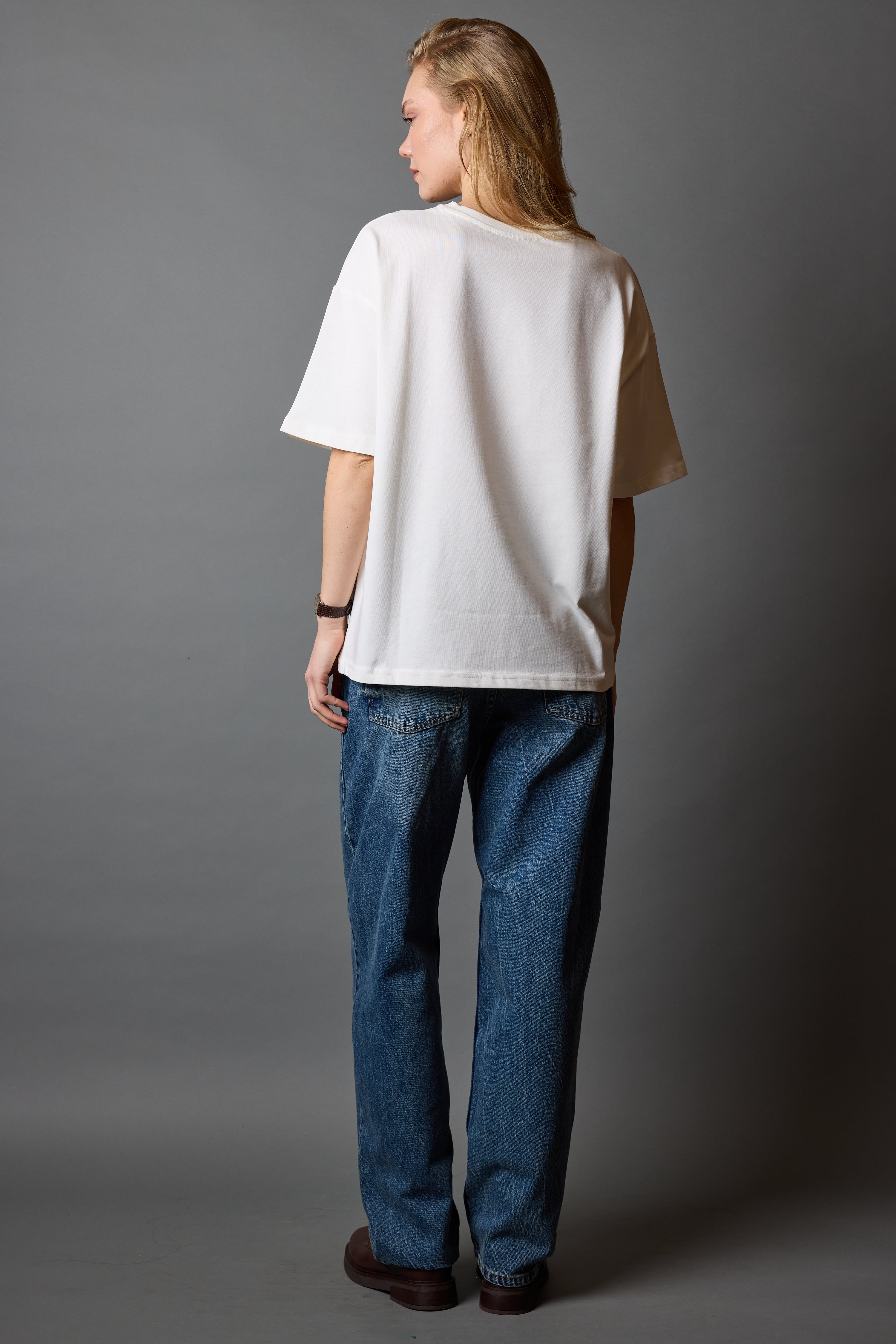 OVERSIZE KISA KOLLU PAMUK T-SHIRT VANILLA