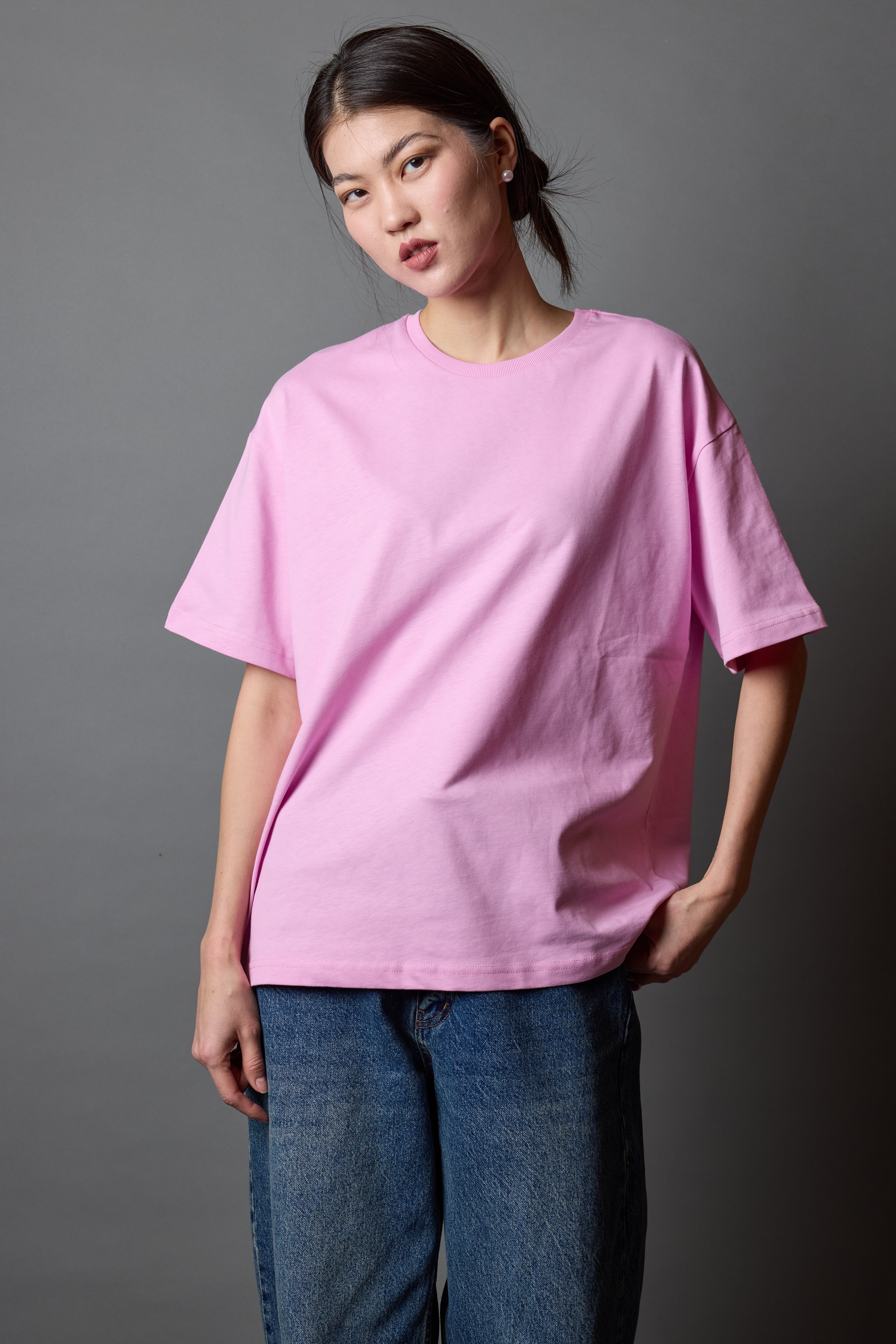 OVERSIZE KISA KOLLU PAMUK T-SHIRT PINK