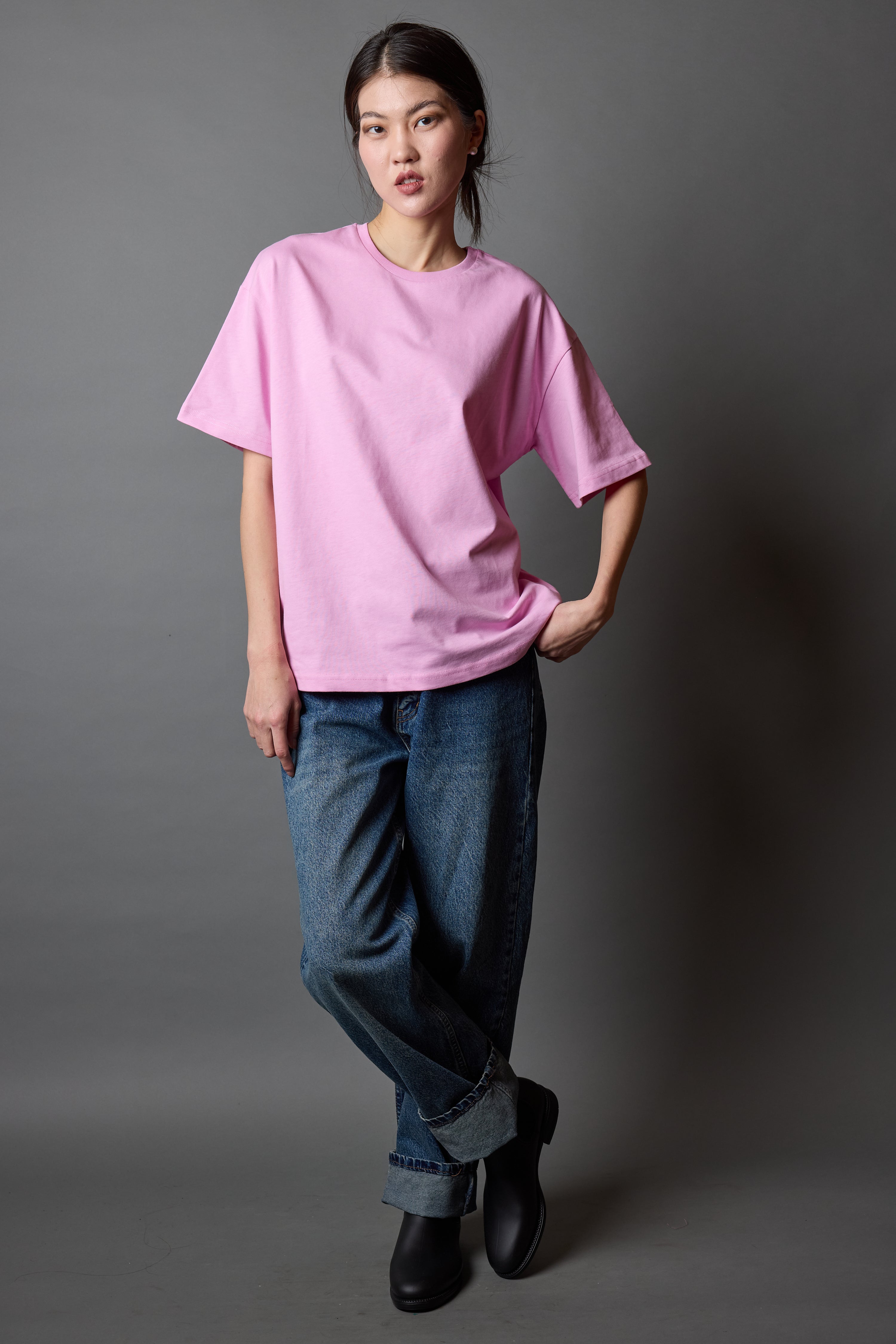 OVERSIZE KISA KOLLU PAMUK T-SHIRT PINK