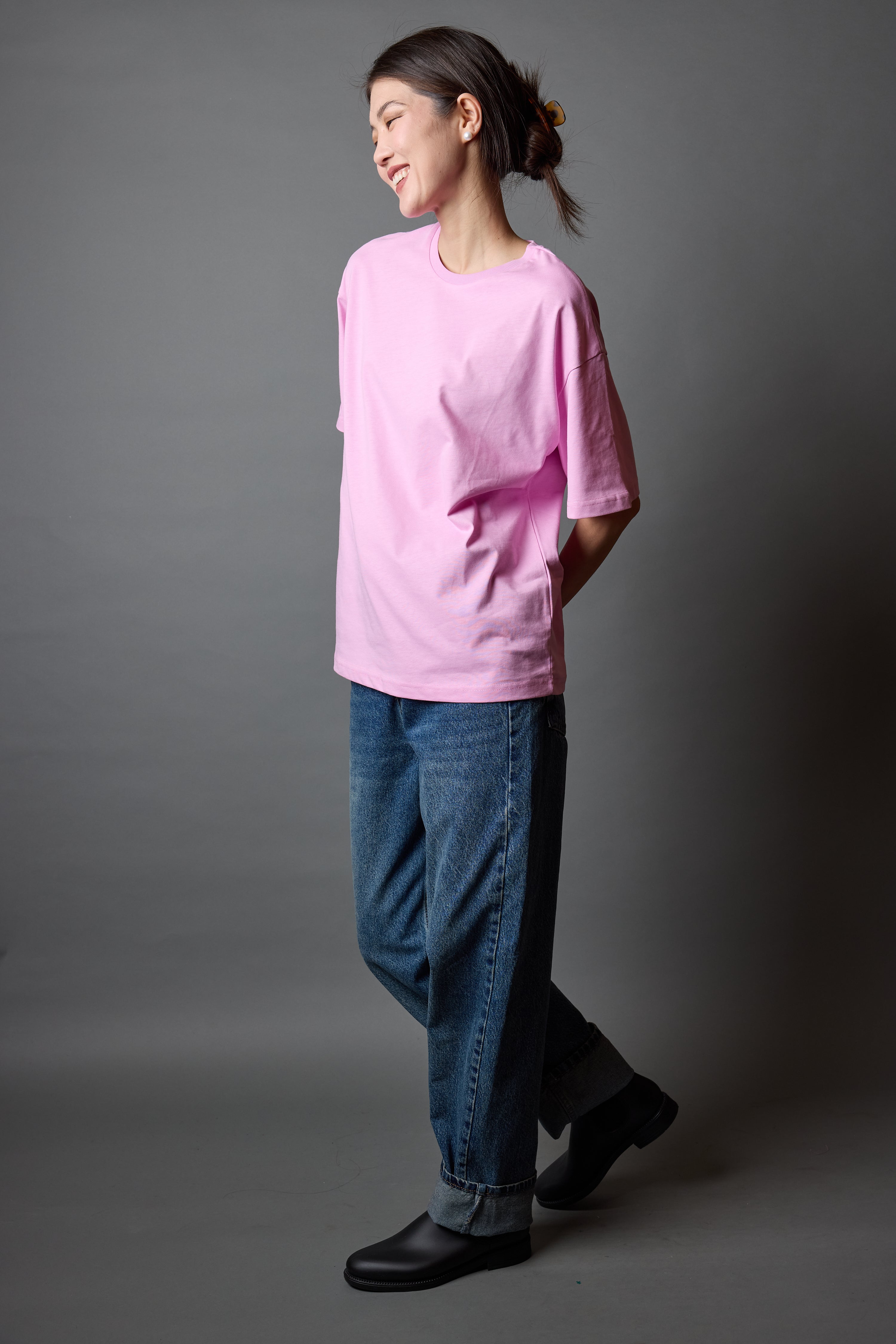 OVERSIZE KISA KOLLU PAMUK T-SHIRT PINK